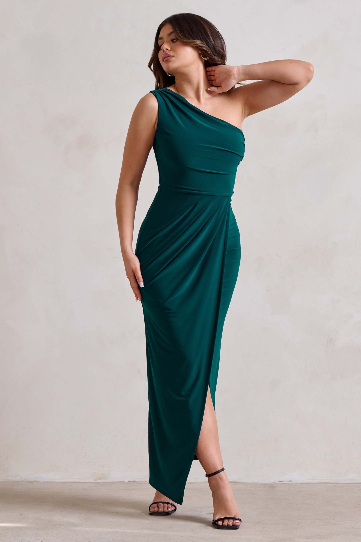Athena Bottle Green One Shoulder Maxi Dress-Fashionmomo.All Rights Reserved