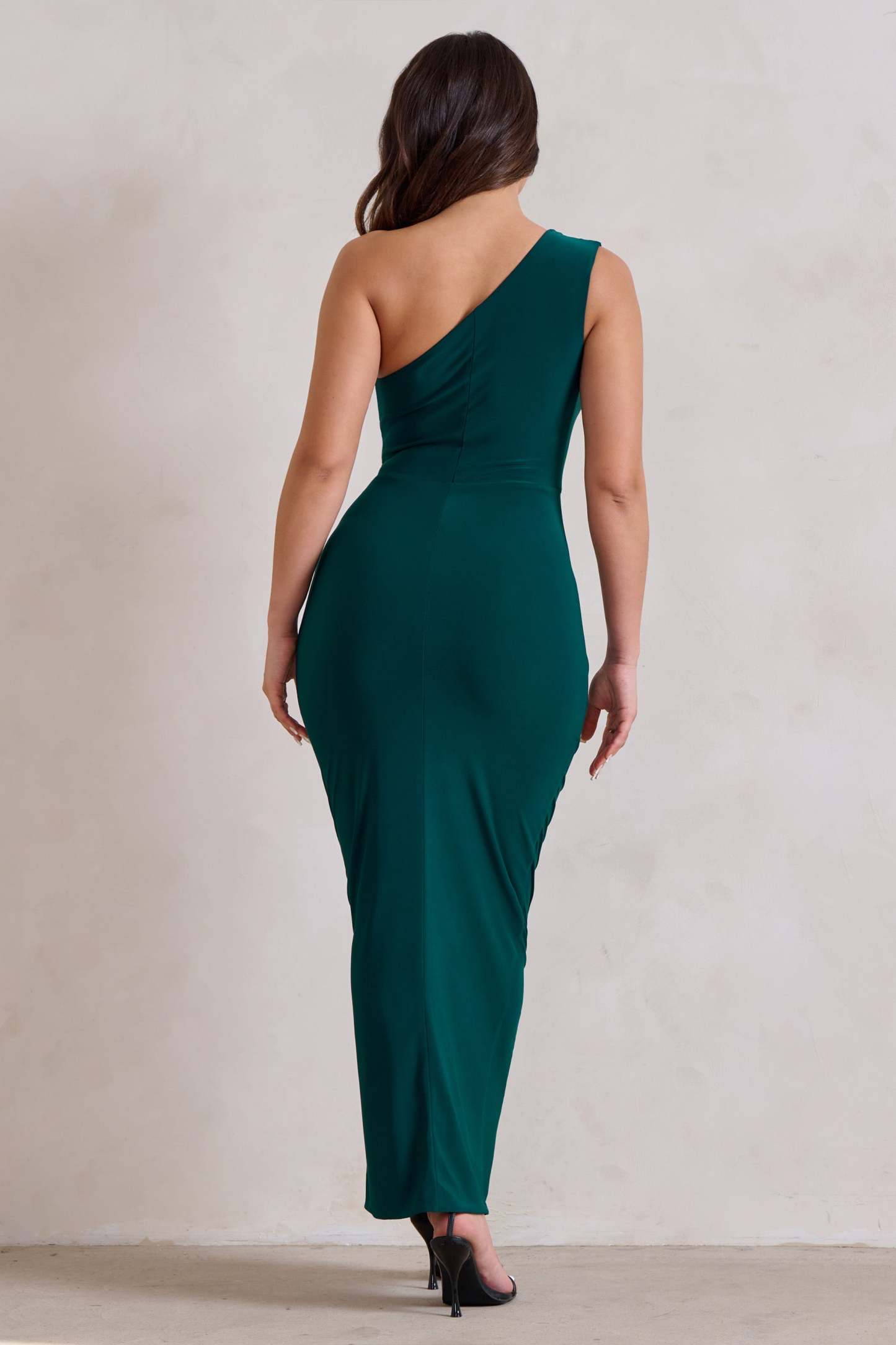 Athena Bottle Green One Shoulder Maxi Dress-Fashionmomo.All Rights Reserved
