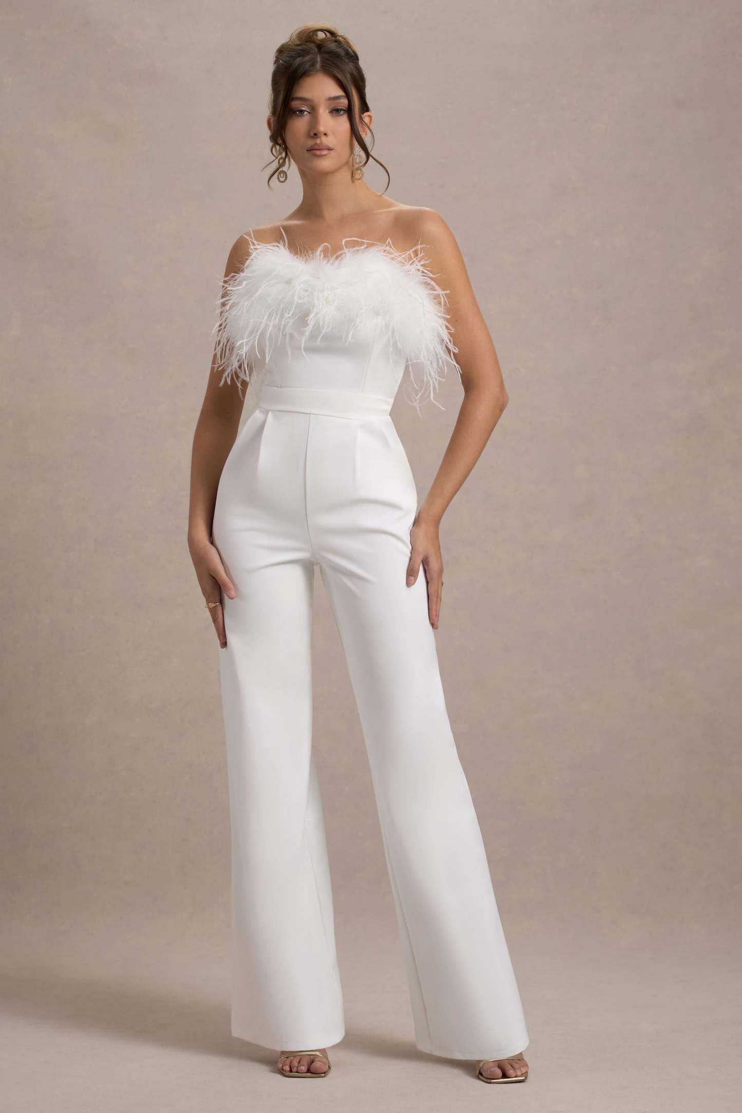 First Class White Bandeau Feather Wide Leg Jumpsuit-Fashionmomo.All Rights Reserved