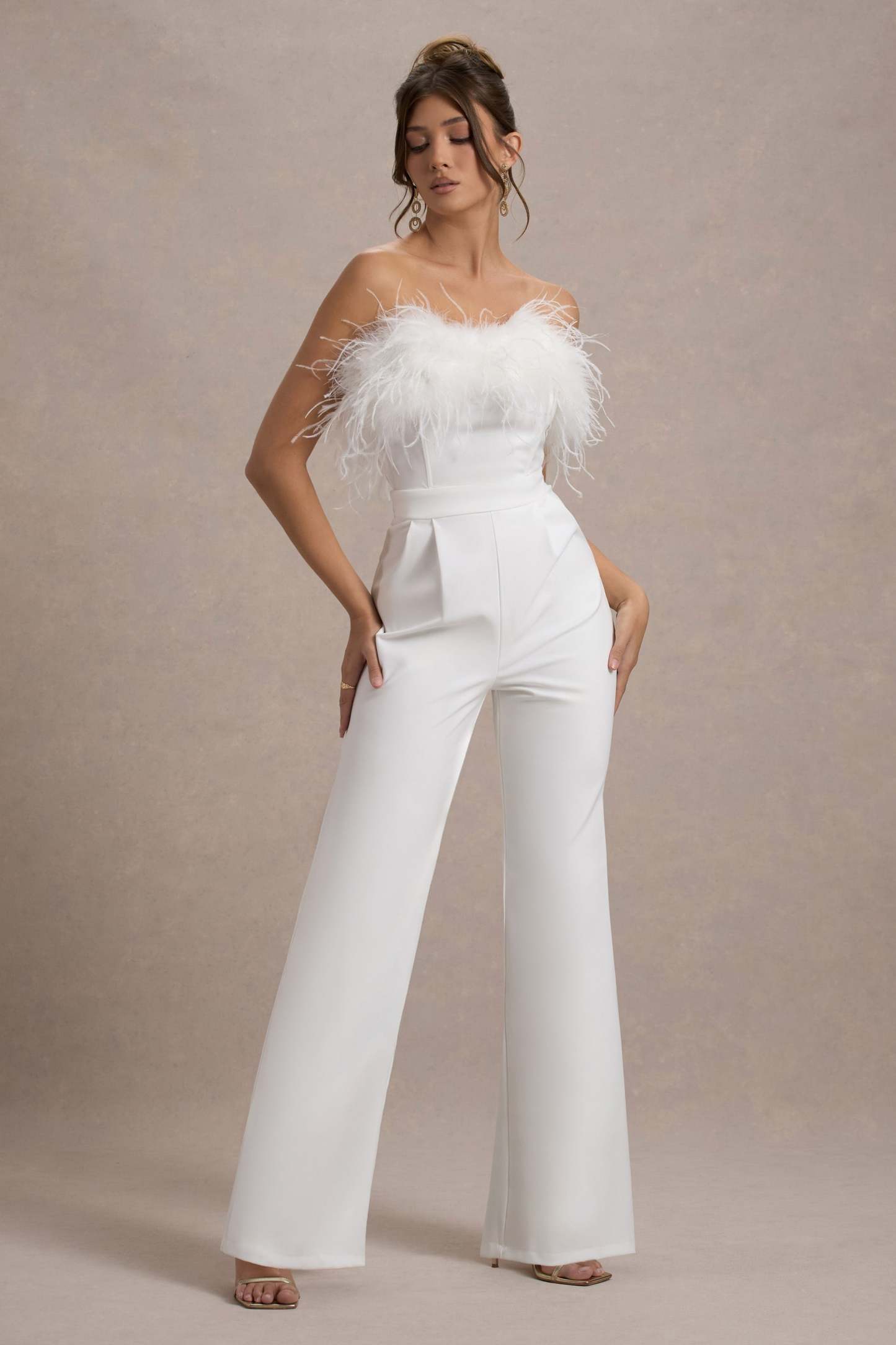 First Class White Bandeau Feather Wide Leg Jumpsuit-Fashionmomo.All Rights Reserved