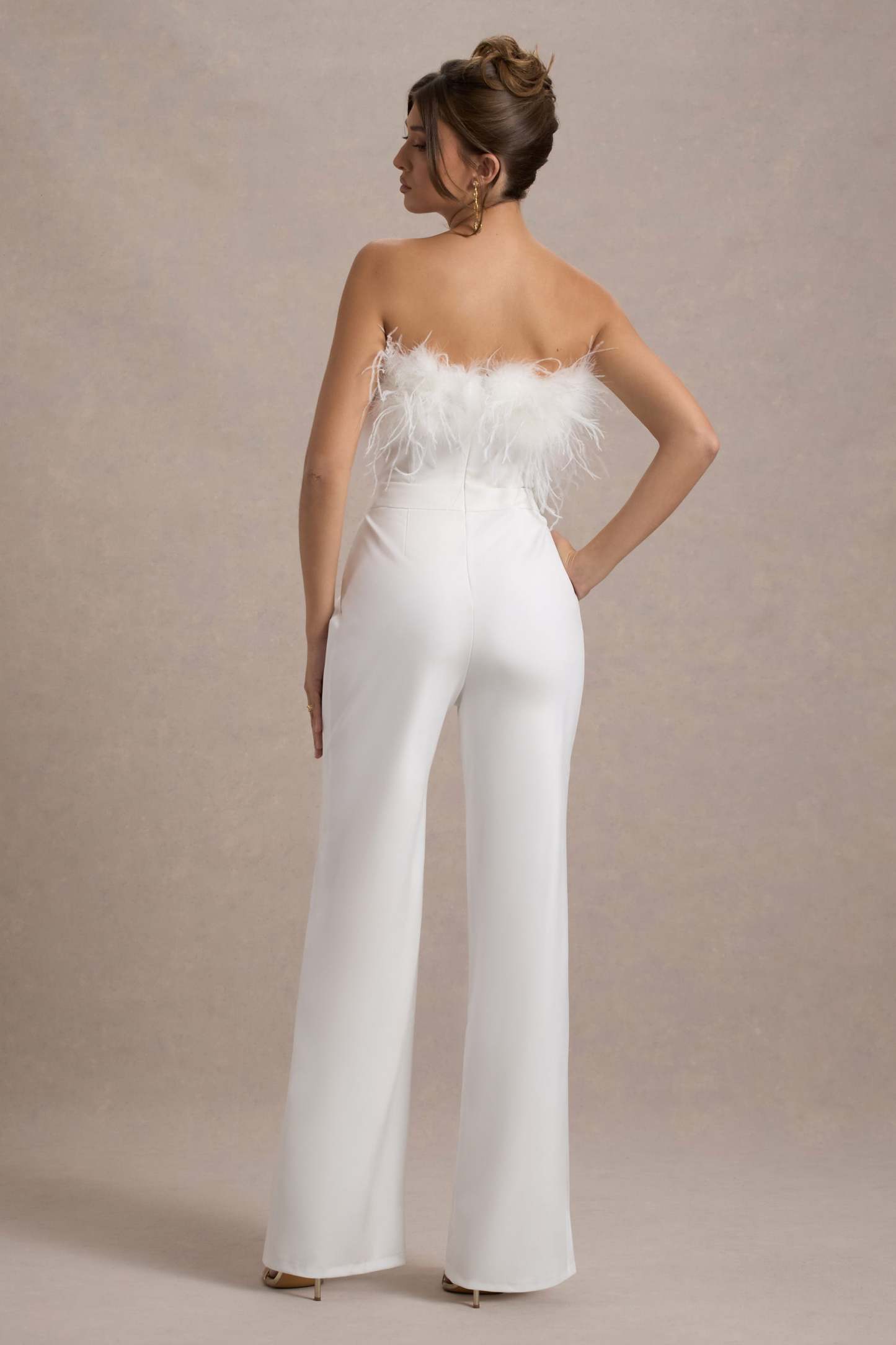 First Class White Bandeau Feather Wide Leg Jumpsuit-Fashionmomo.All Rights Reserved