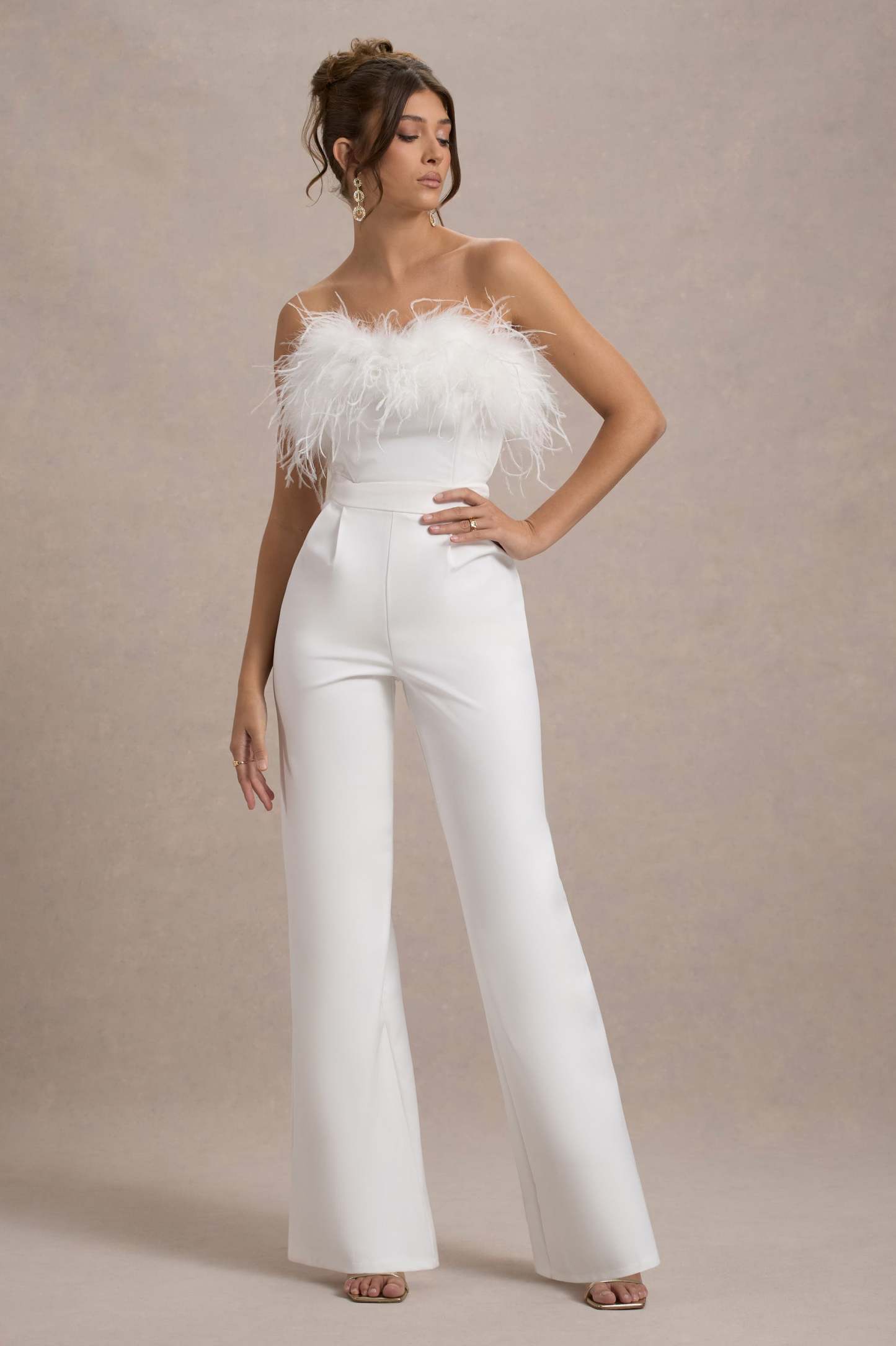 First Class White Bandeau Feather Wide Leg Jumpsuit-Fashionmomo.All Rights Reserved