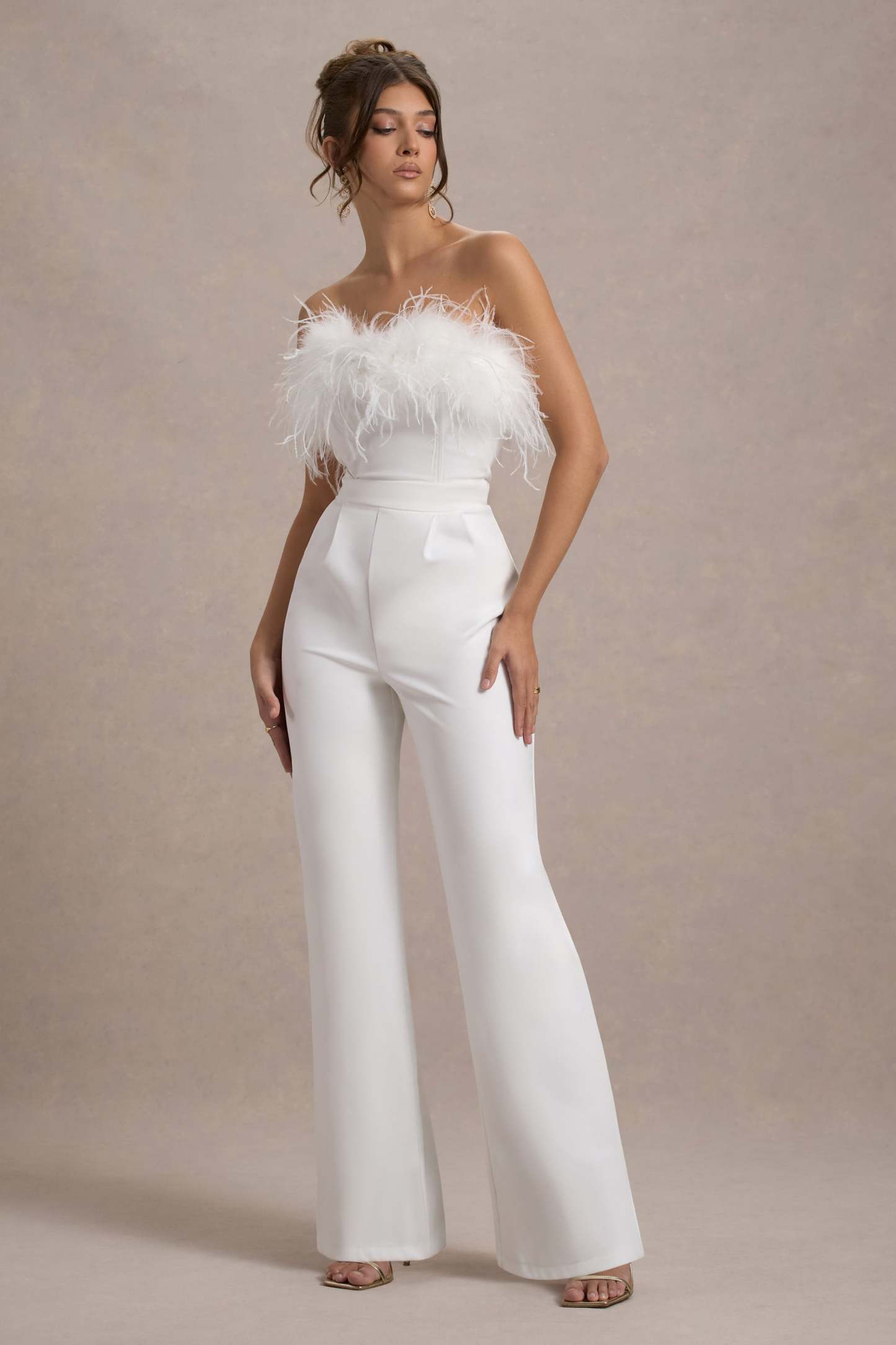 First Class White Bandeau Feather Wide Leg Jumpsuit-Fashionmomo.All Rights Reserved