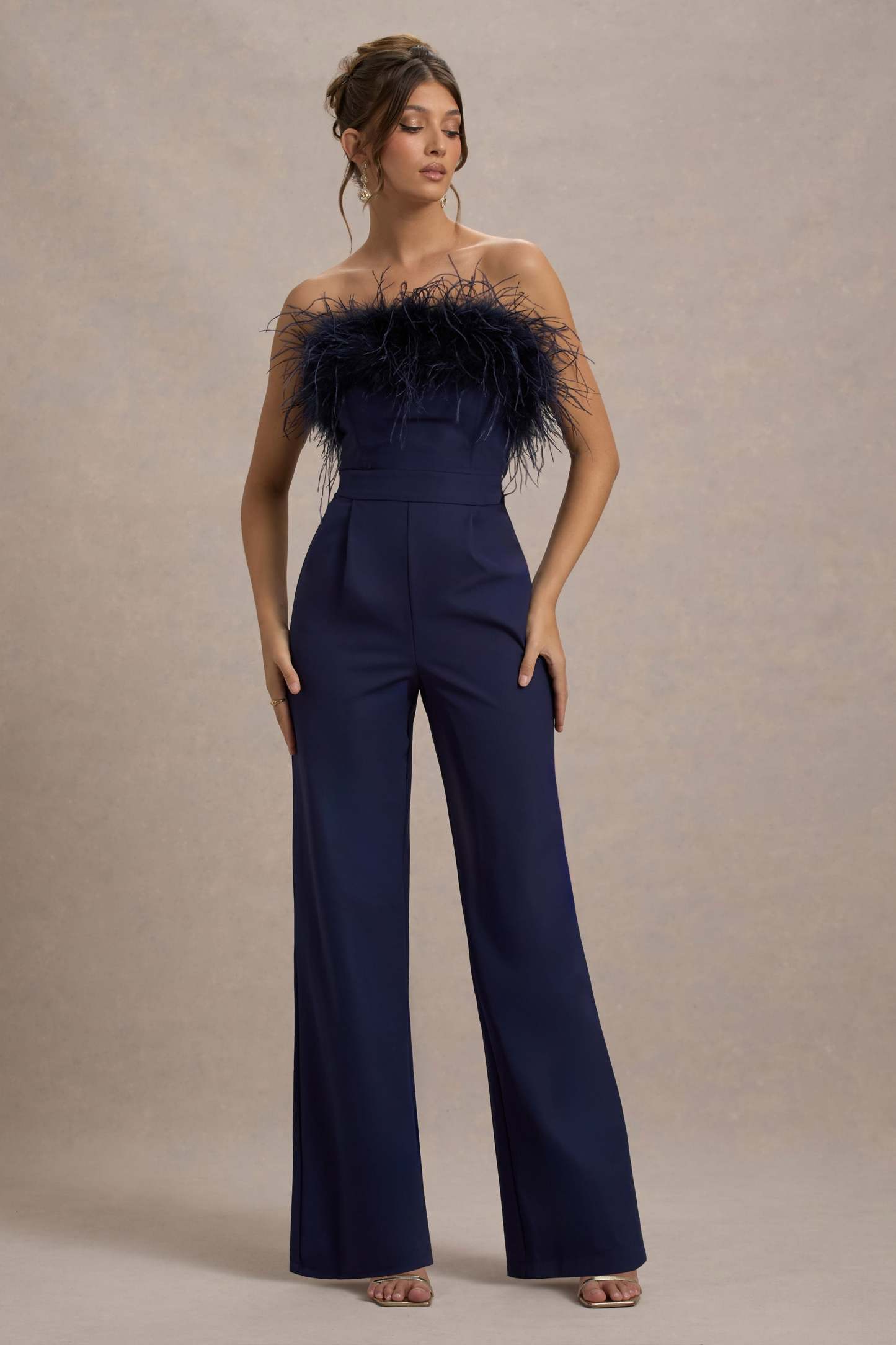 First Class | Navy Bandeau Feather Wide Leg Jumpsuit-Fashionmomo.All Rights Reserved