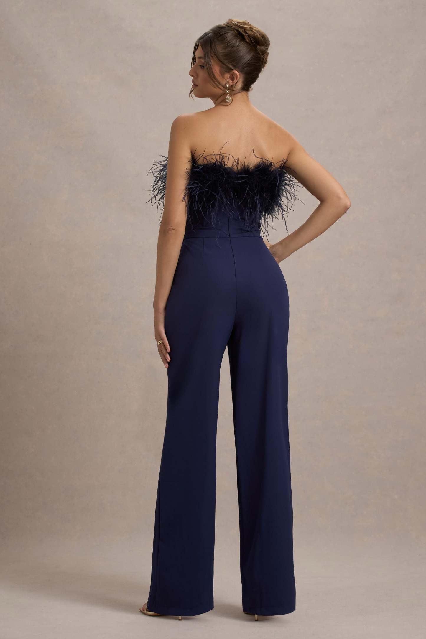 First Class | Navy Bandeau Feather Wide Leg Jumpsuit-Fashionmomo.All Rights Reserved