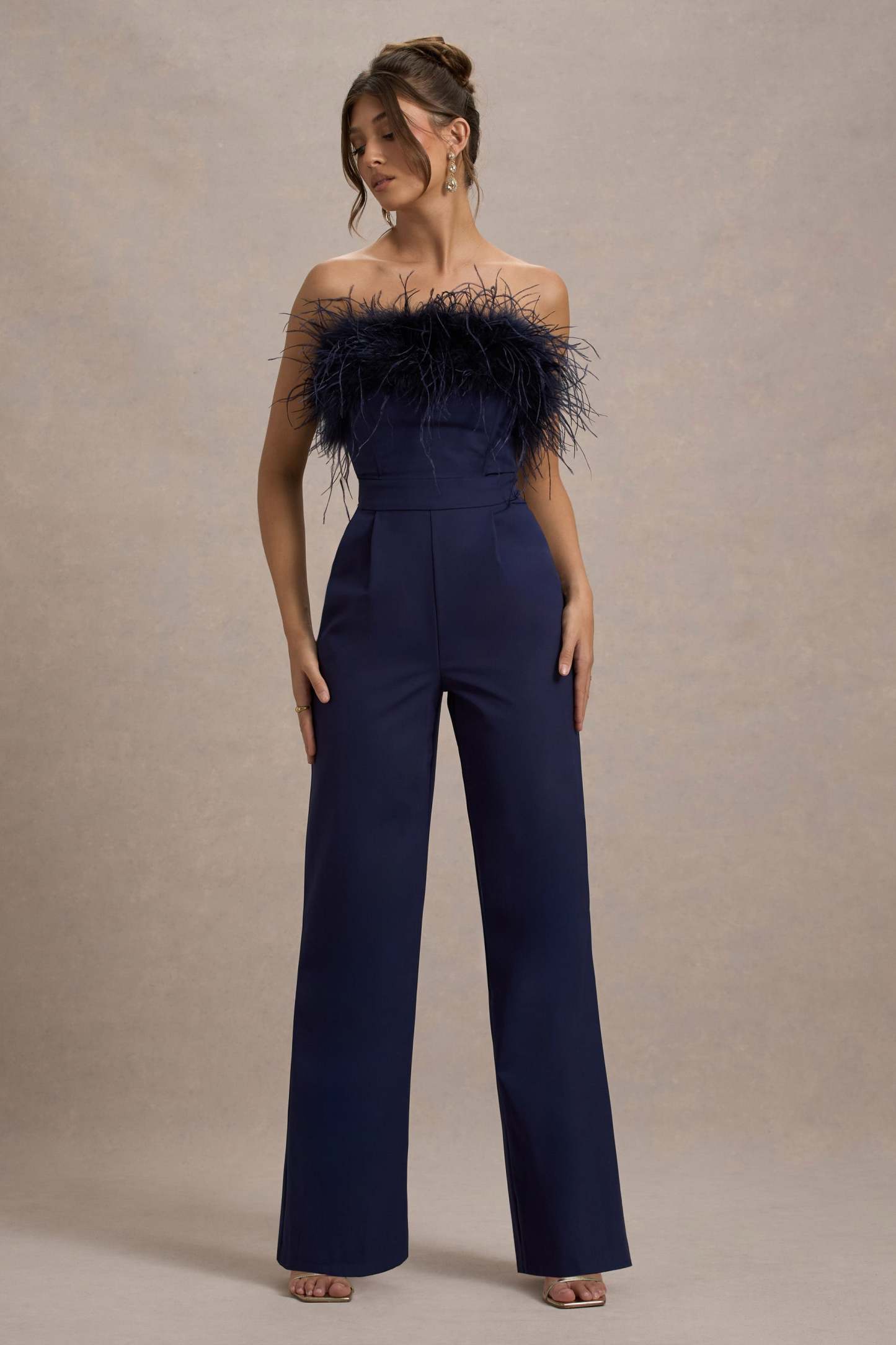First Class | Navy Bandeau Feather Wide Leg Jumpsuit-Fashionmomo.All Rights Reserved