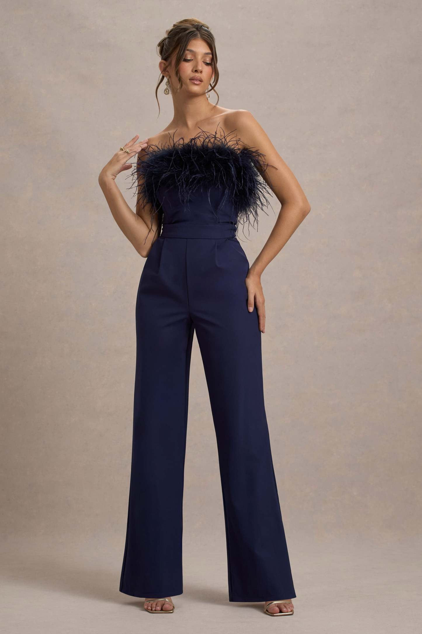 First Class | Navy Bandeau Feather Wide Leg Jumpsuit-Fashionmomo.All Rights Reserved