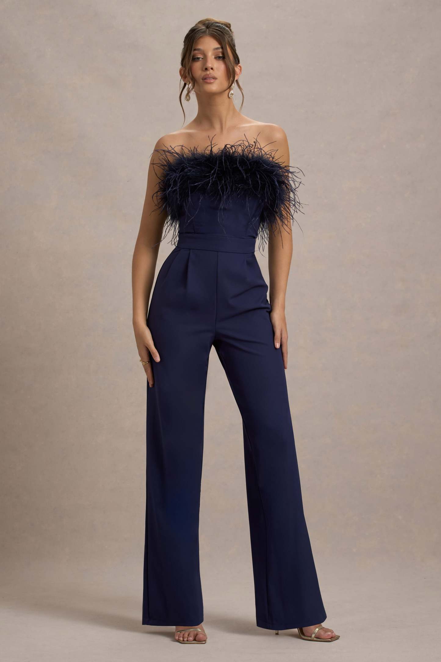 First Class | Navy Bandeau Feather Wide Leg Jumpsuit-Fashionmomo.All Rights Reserved