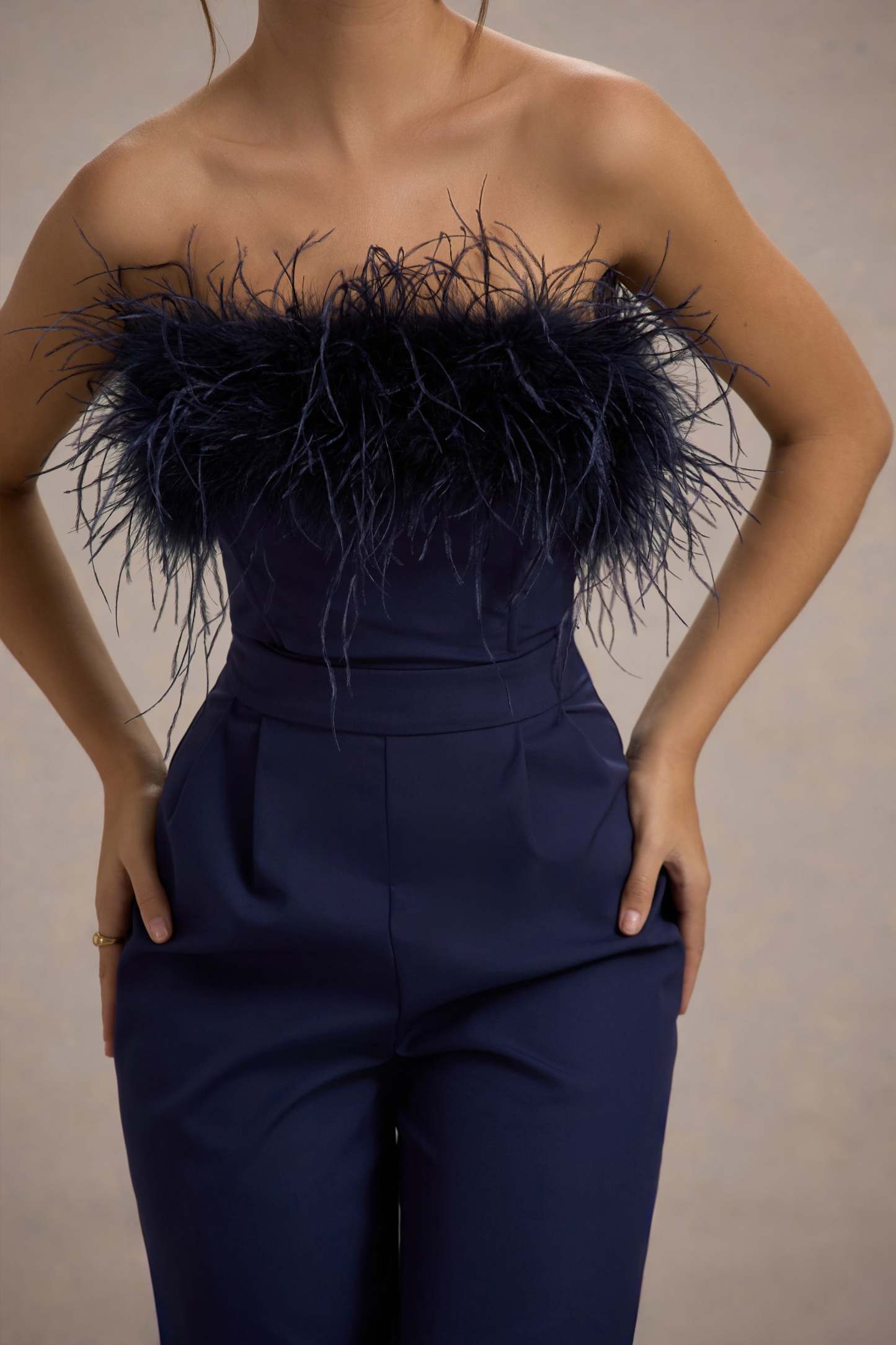 First Class | Navy Bandeau Feather Wide Leg Jumpsuit-Fashionmomo.All Rights Reserved