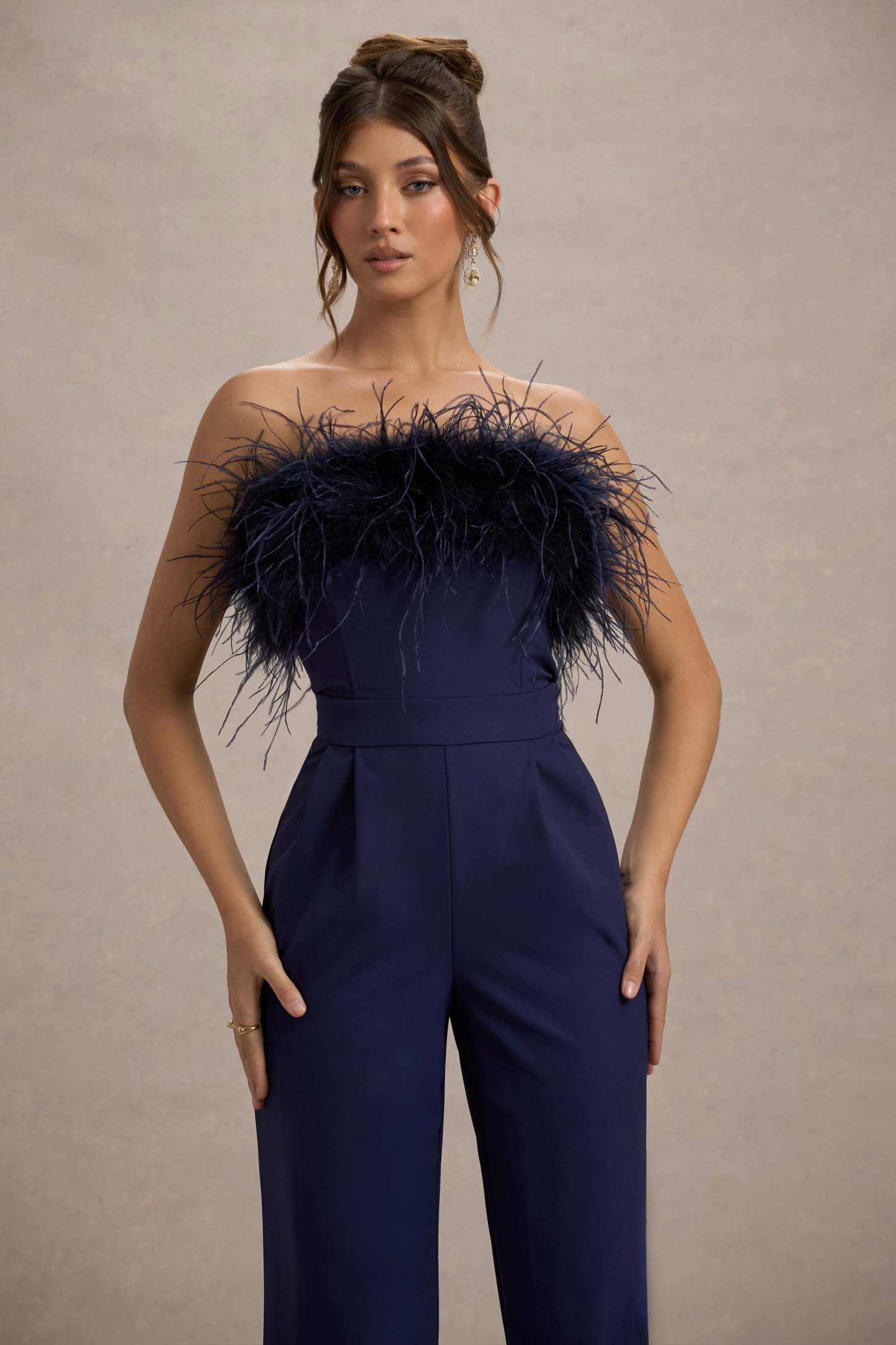 First Class | Navy Bandeau Feather Wide Leg Jumpsuit-Fashionmomo.All Rights Reserved