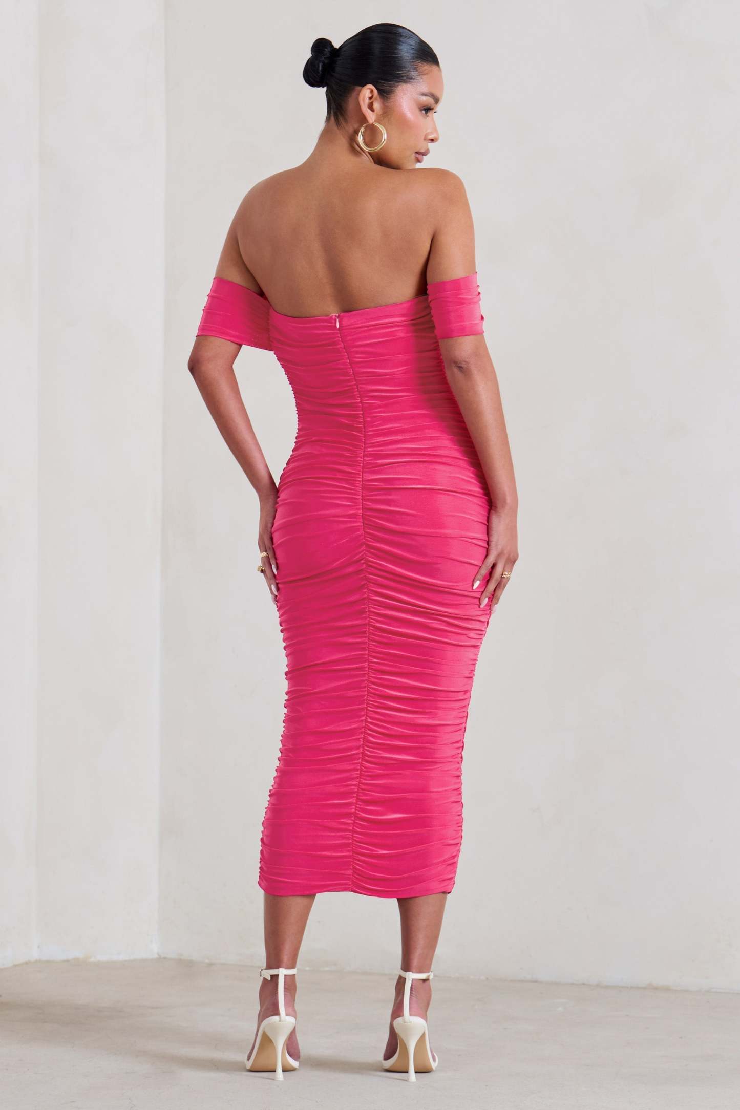 Plus One Hot Pink Maternity Ruched Bardot Midi Dress-Fashionmomo.All Rights Reserved