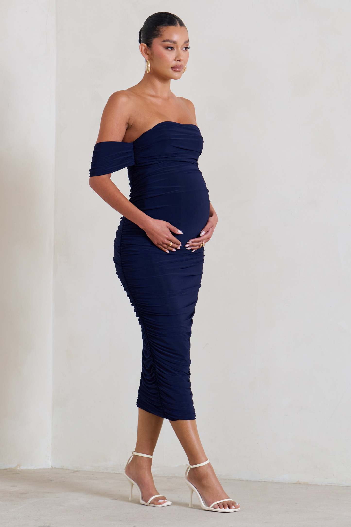 Plus One Navy Ruched Bardot Midi Dress-Fashionmomo.All Rights Reserved