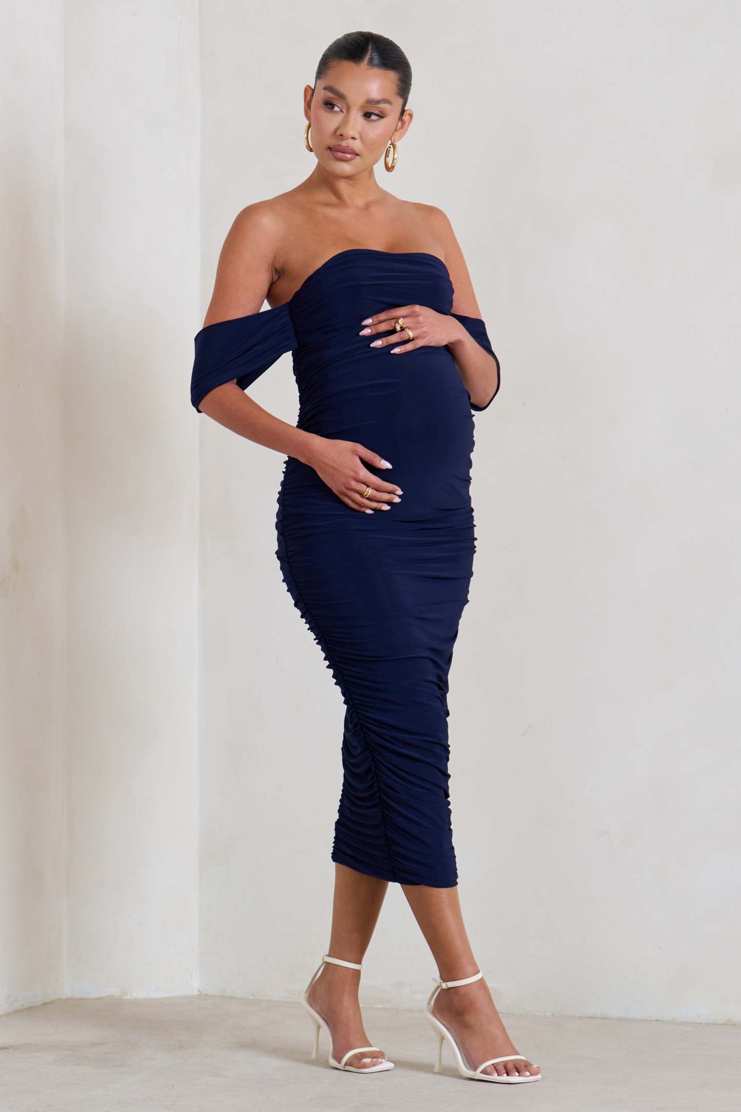 Plus One Navy Ruched Bardot Midi Dress-Fashionmomo.All Rights Reserved