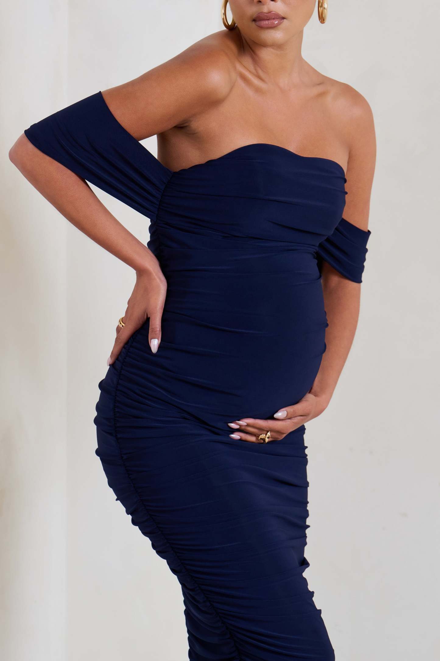 Plus One Navy Ruched Bardot Midi Dress-Fashionmomo.All Rights Reserved