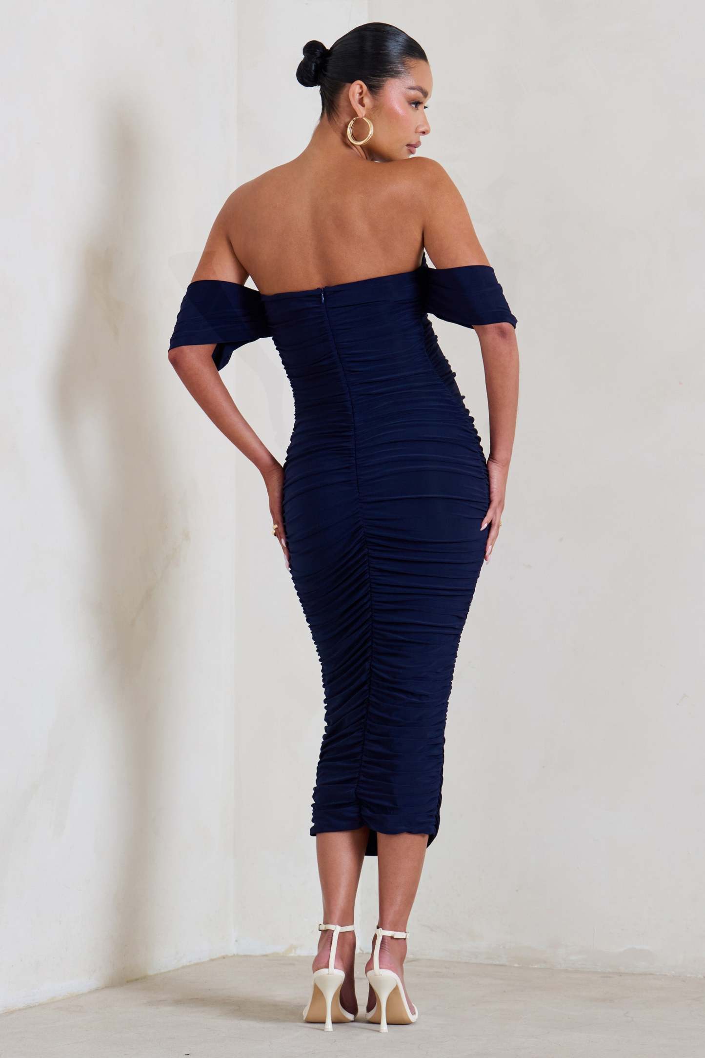 Plus One Navy Ruched Bardot Midi Dress-Fashionmomo.All Rights Reserved