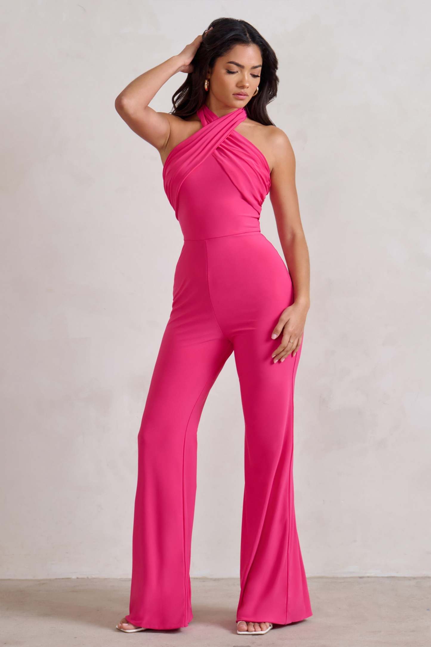 Goddess Hot Pink Halter Neck Flare Jumpsuit-Fashionmomo.All Rights Reserved