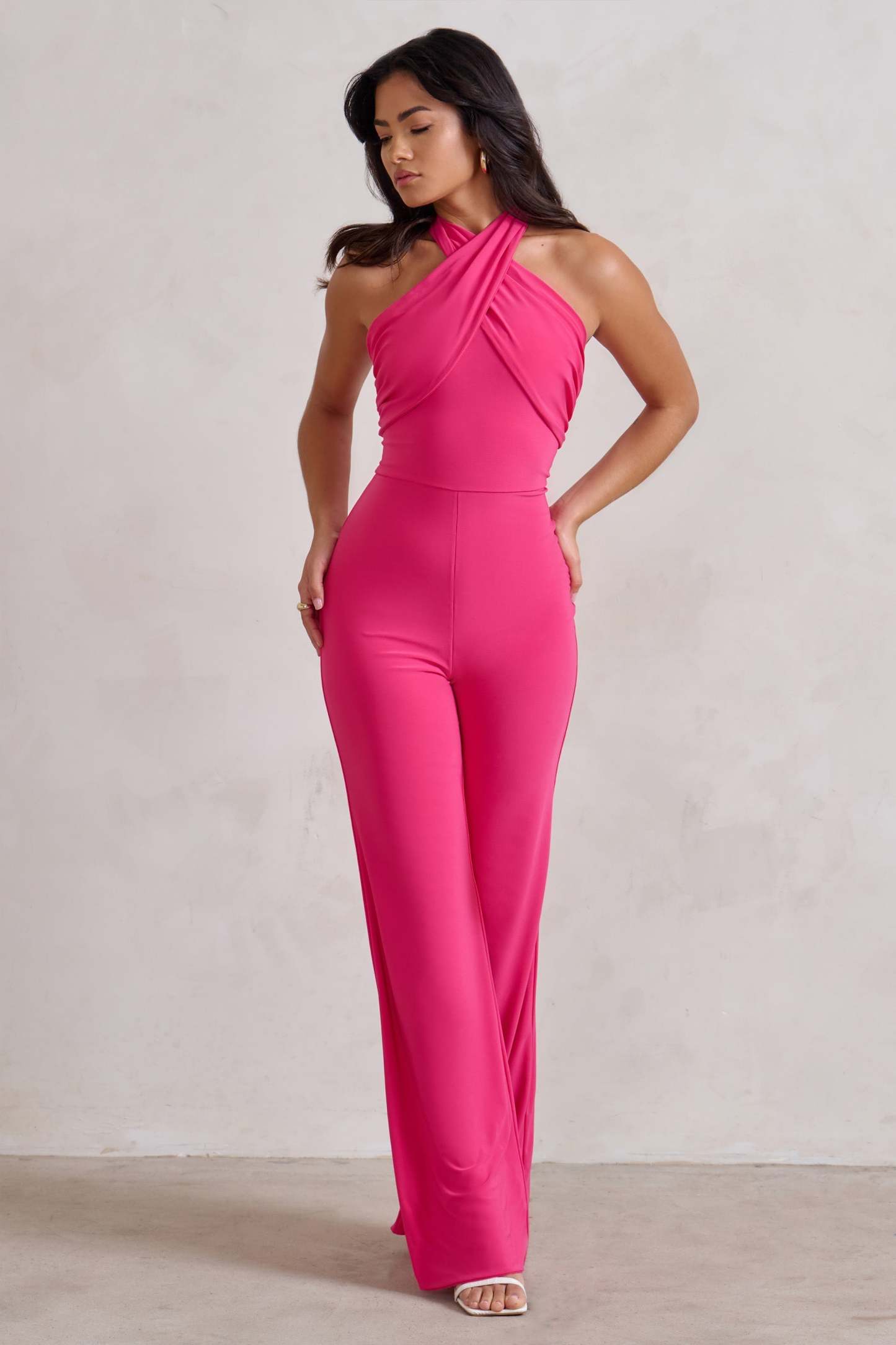 Goddess Hot Pink Halter Neck Flare Jumpsuit-Fashionmomo.All Rights Reserved