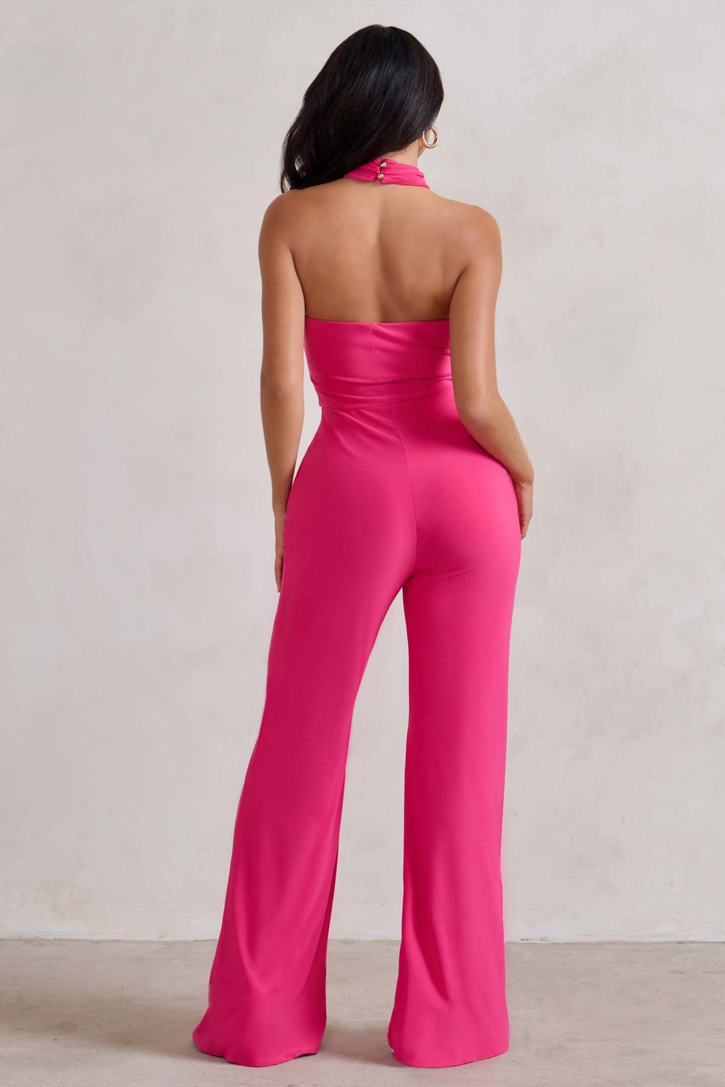 Goddess Hot Pink Halter Neck Flare Jumpsuit-Fashionmomo.All Rights Reserved