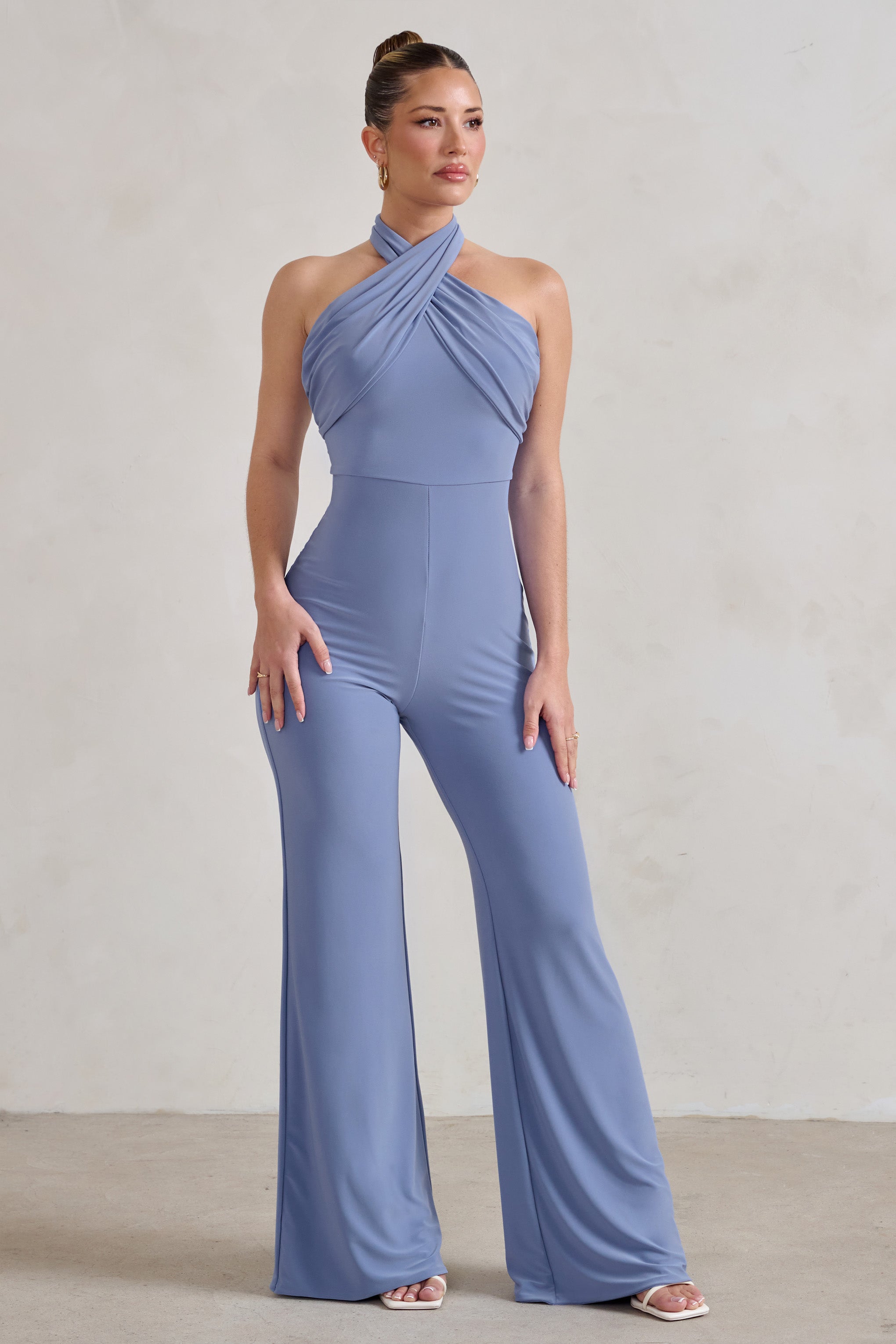 Goddess Ice Blue Halter Neck Flare Jumpsuit-Fashionmomo.All Rights Reserved