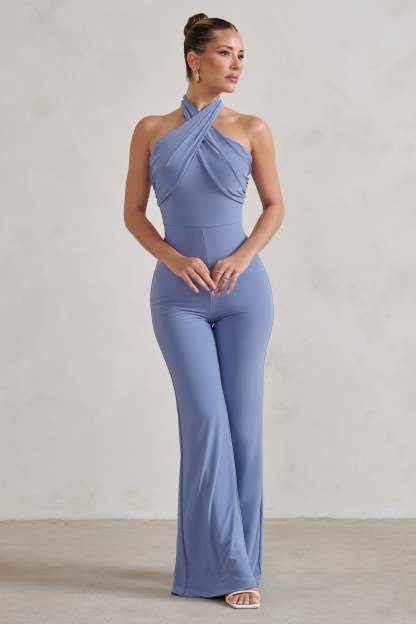 Goddess Ice Blue Halter Neck Flare Jumpsuit-Fashionmomo.All Rights Reserved