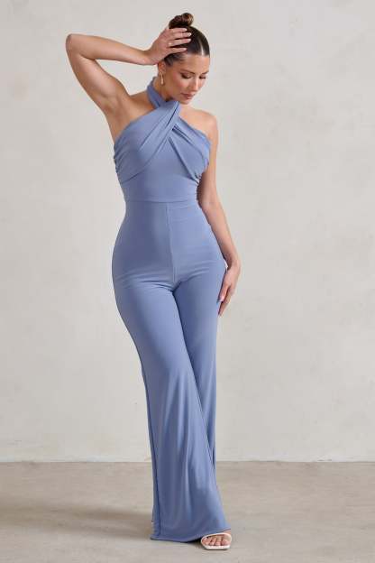 Goddess Ice Blue Halter Neck Flare Jumpsuit-Fashionmomo.All Rights Reserved