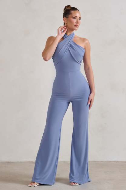 Goddess Ice Blue Halter Neck Flare Jumpsuit-Fashionmomo.All Rights Reserved