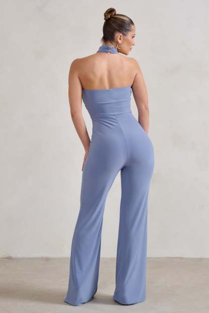 Goddess Ice Blue Halter Neck Flare Jumpsuit-Fashionmomo.All Rights Reserved
