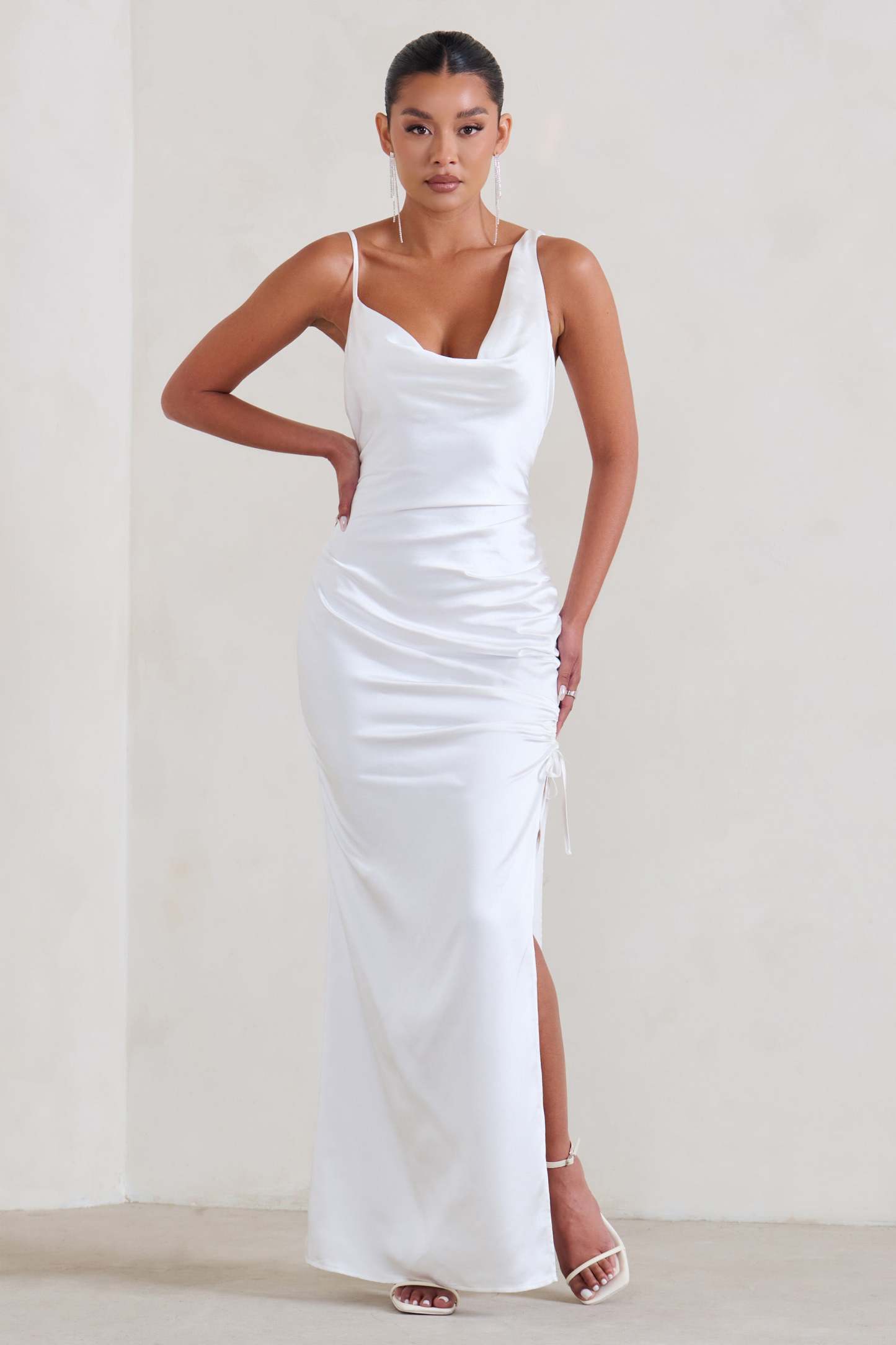 Belonging White Ruched Cowl Maxi Dress-Fashionmomo.All Rights Reserved