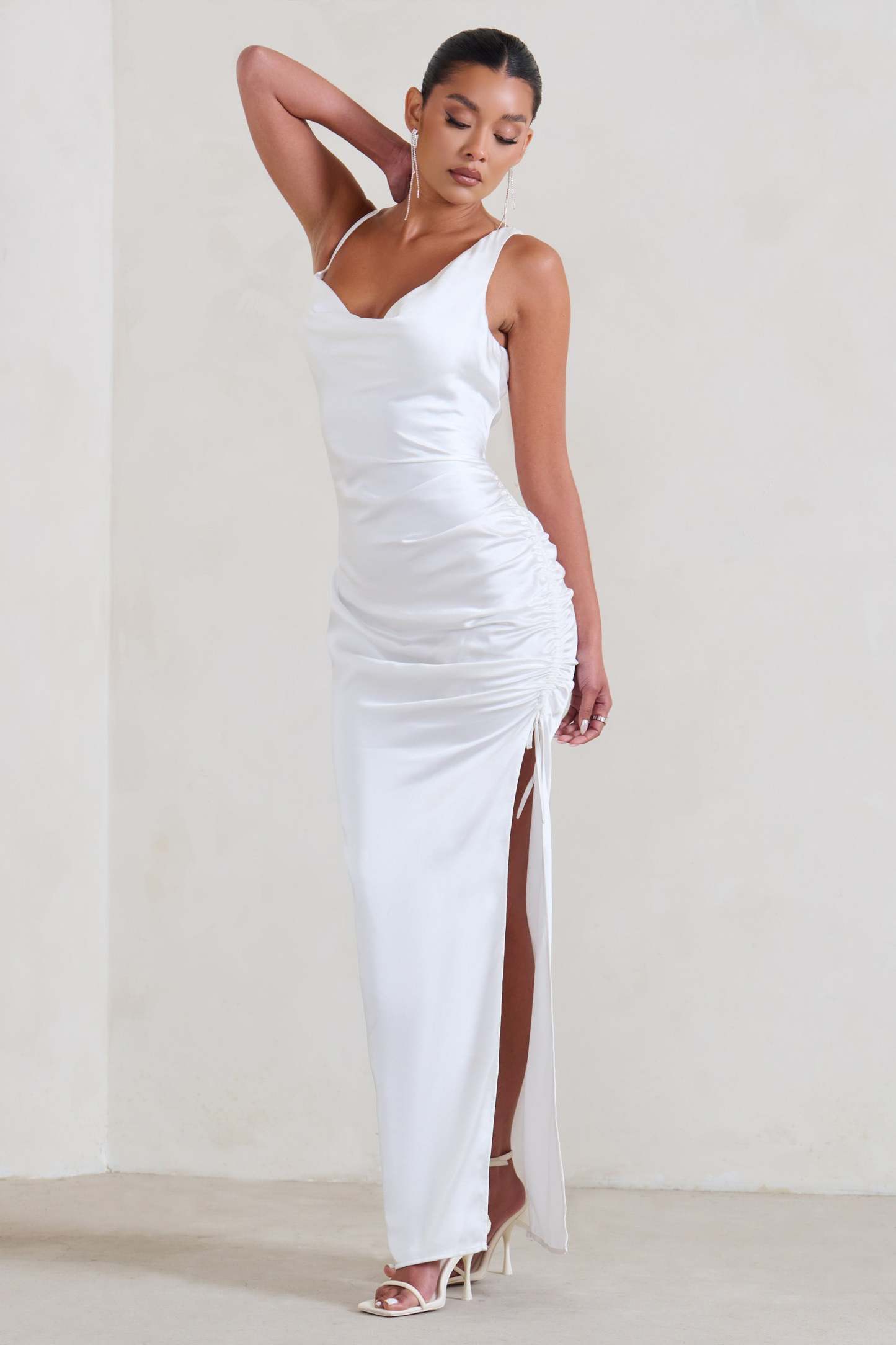 Belonging White Ruched Cowl Maxi Dress-Fashionmomo.All Rights Reserved