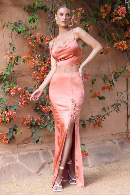 Perfect Fit Coral Satin Lace Up Split Leg Maxi Skirt-Fashionmomo.All Rights Reserved