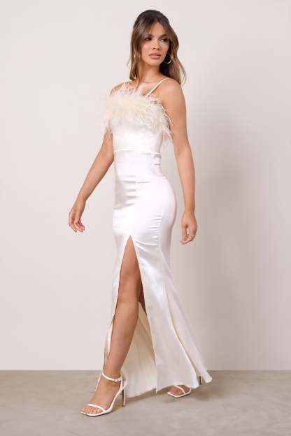 Add The Drama Ivory Satin Square Neck Maxi Dress With Feather Trim-Fashionmomo.All Rights Reserved