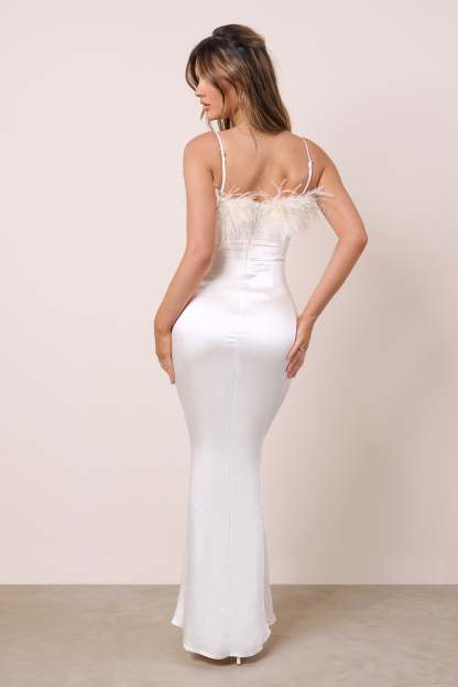 Add The Drama Ivory Satin Square Neck Maxi Dress With Feather Trim-Fashionmomo.All Rights Reserved