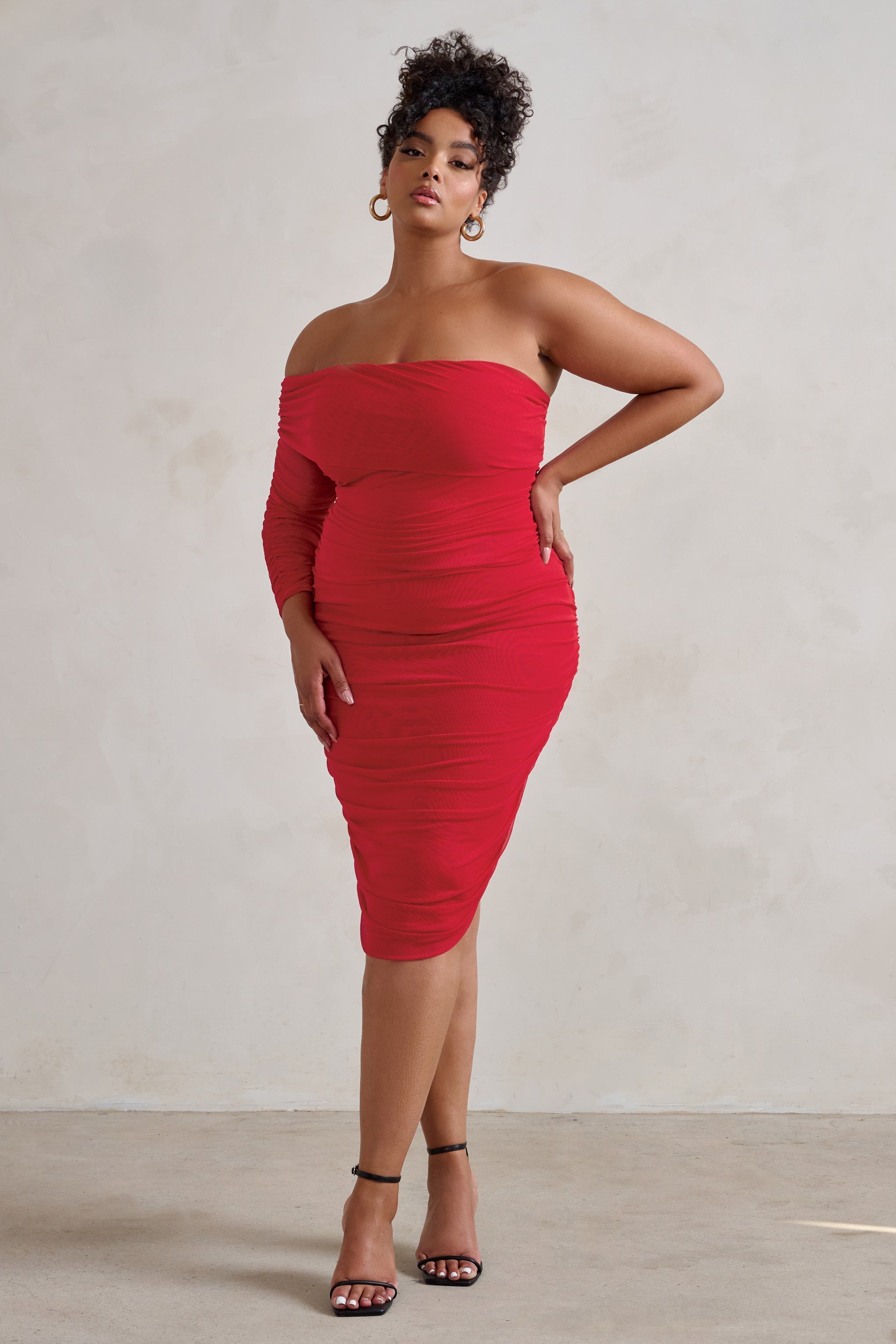 Bijou Red Asymmetric Bardot Mesh Ruched Midi Dress-Fashionmomo.All Rights Reserved