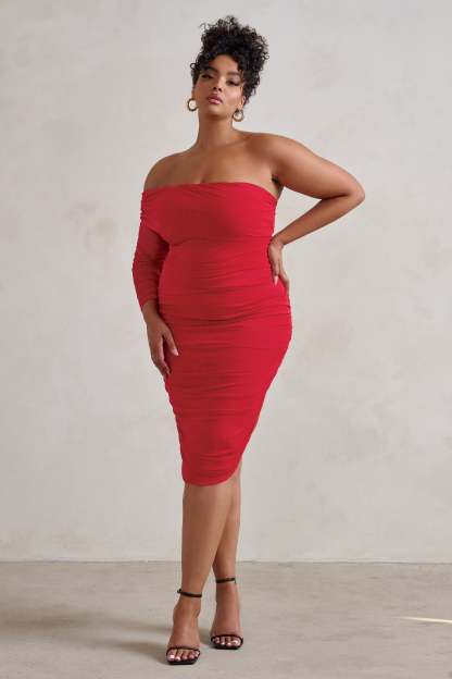 Bijou Red Asymmetric Bardot Mesh Ruched Midi Dress-Fashionmomo.All Rights Reserved