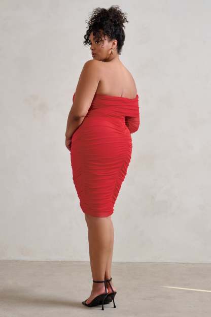 Bijou Red Asymmetric Bardot Mesh Ruched Midi Dress-Fashionmomo.All Rights Reserved