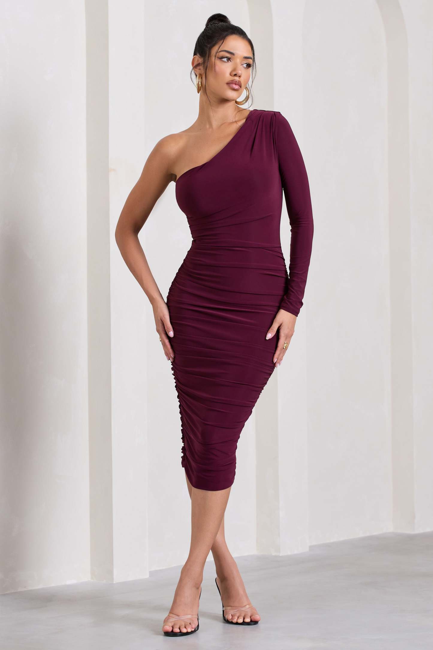 In The Shadows Burgundy One Sleeve Midi Dress With Ruching-Fashionmomo.All Rights Reserved