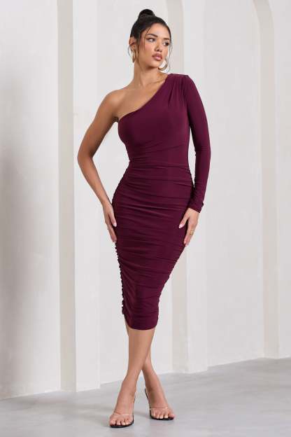 In The Shadows Burgundy One Sleeve Midi Dress With Ruching-Fashionmomo.All Rights Reserved