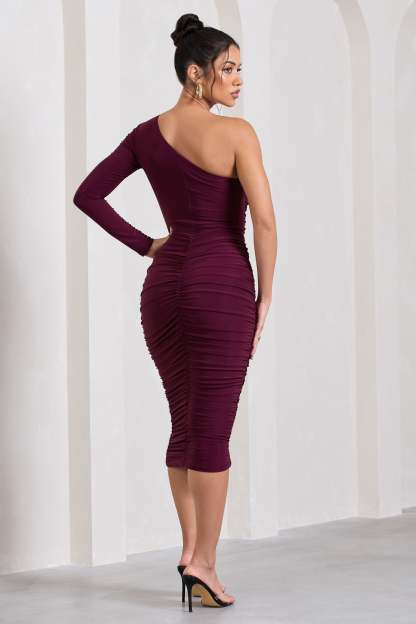 In The Shadows Burgundy One Sleeve Midi Dress With Ruching-Fashionmomo.All Rights Reserved