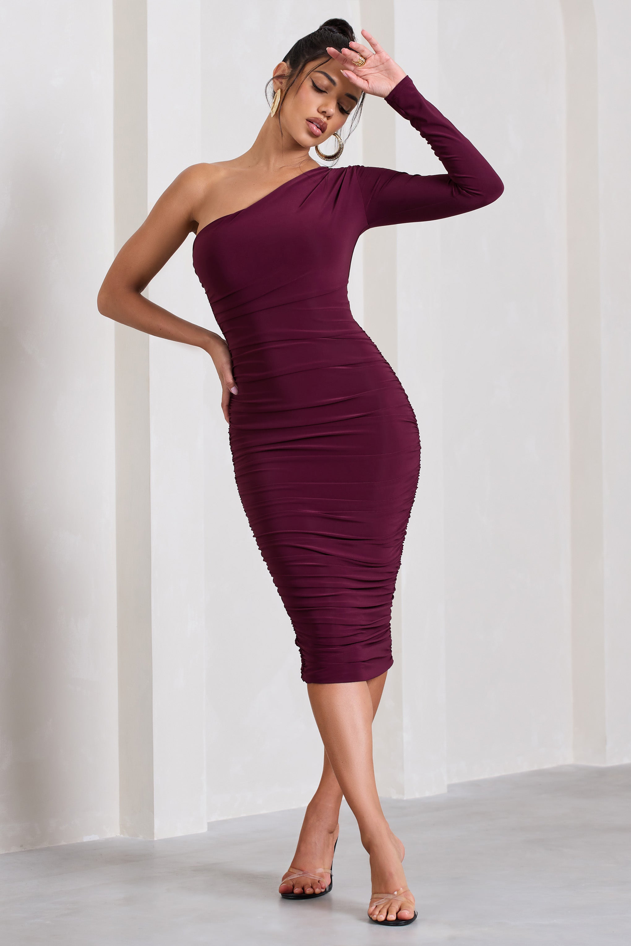 In The Shadows Burgundy One Sleeve Midi Dress With Ruching-Fashionmomo.All Rights Reserved