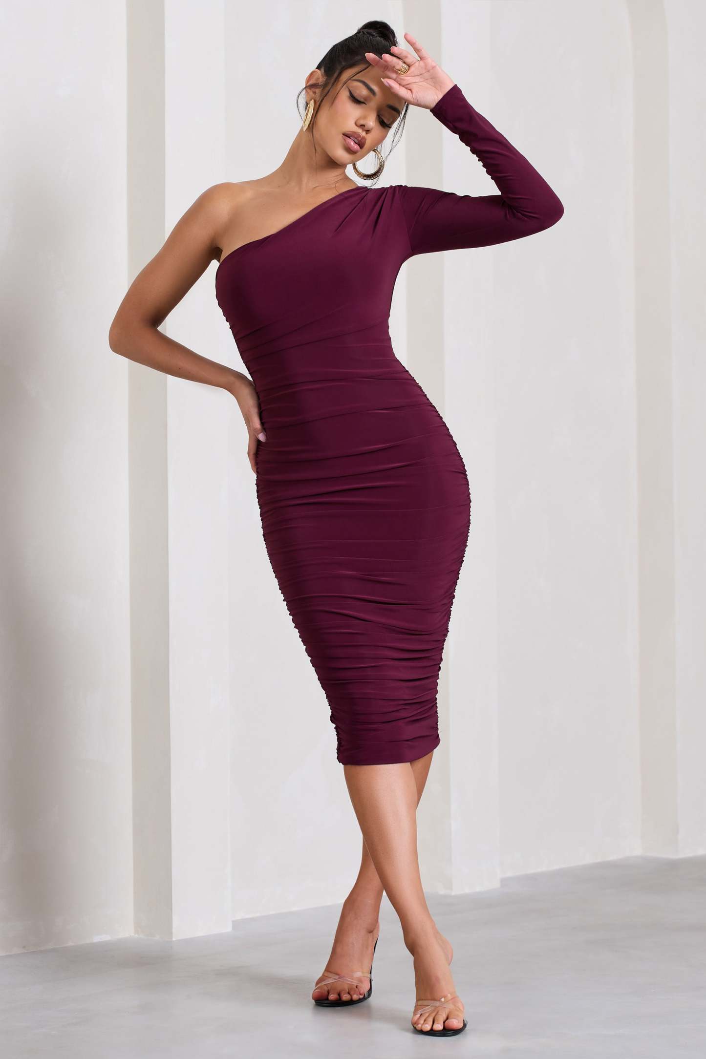 In The Shadows Burgundy One Sleeve Midi Dress With Ruching-Fashionmomo.All Rights Reserved