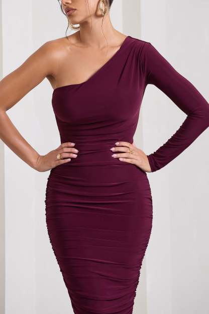 In The Shadows Burgundy One Sleeve Midi Dress With Ruching-Fashionmomo.All Rights Reserved