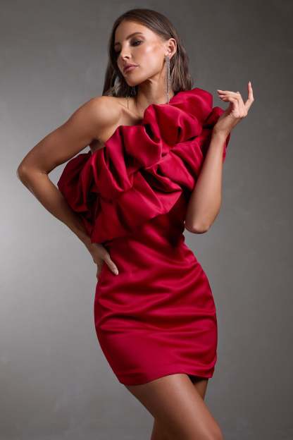 At The Opera Red Satin One Shoulder Ruffled Mini Dress-Fashionmomo.All Rights Reserved