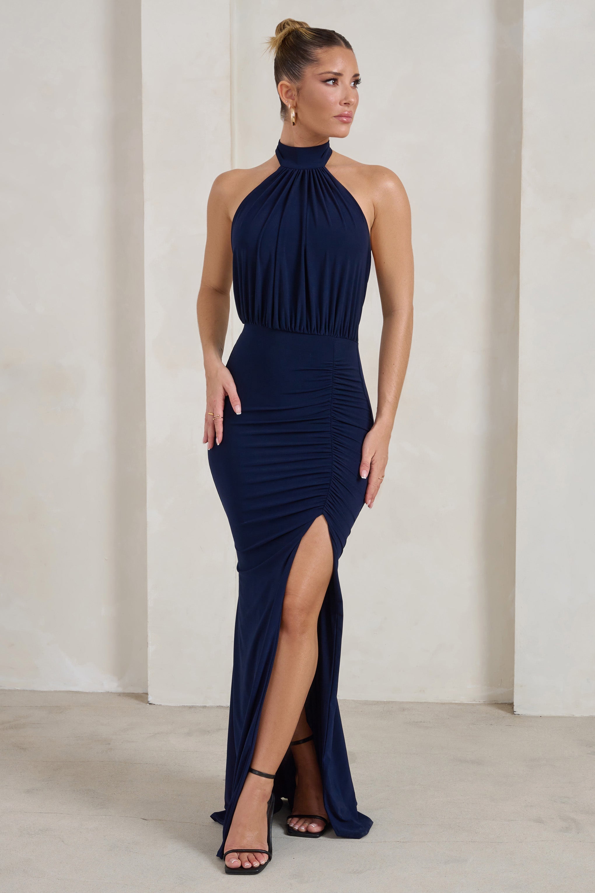 Forever Dreaming Navy Backless Halterneck Ruched Split Maxi Dress-Fashionmomo.All Rights Reserved