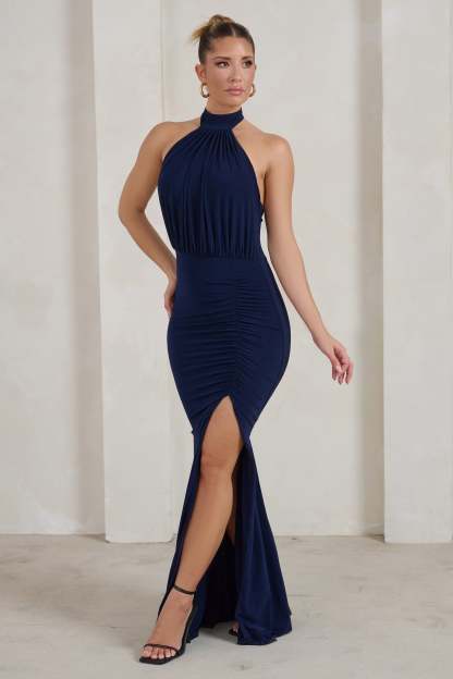 Forever Dreaming Navy Backless Halterneck Ruched Split Maxi Dress-Fashionmomo.All Rights Reserved