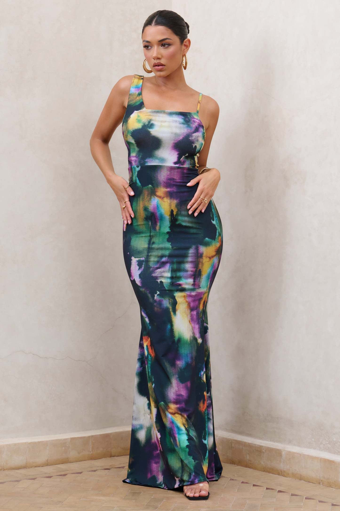 Phantasy Watercolour Print Asymmetric Neckline Cowl Maxi Dress-Fashionmomo.All Rights Reserved