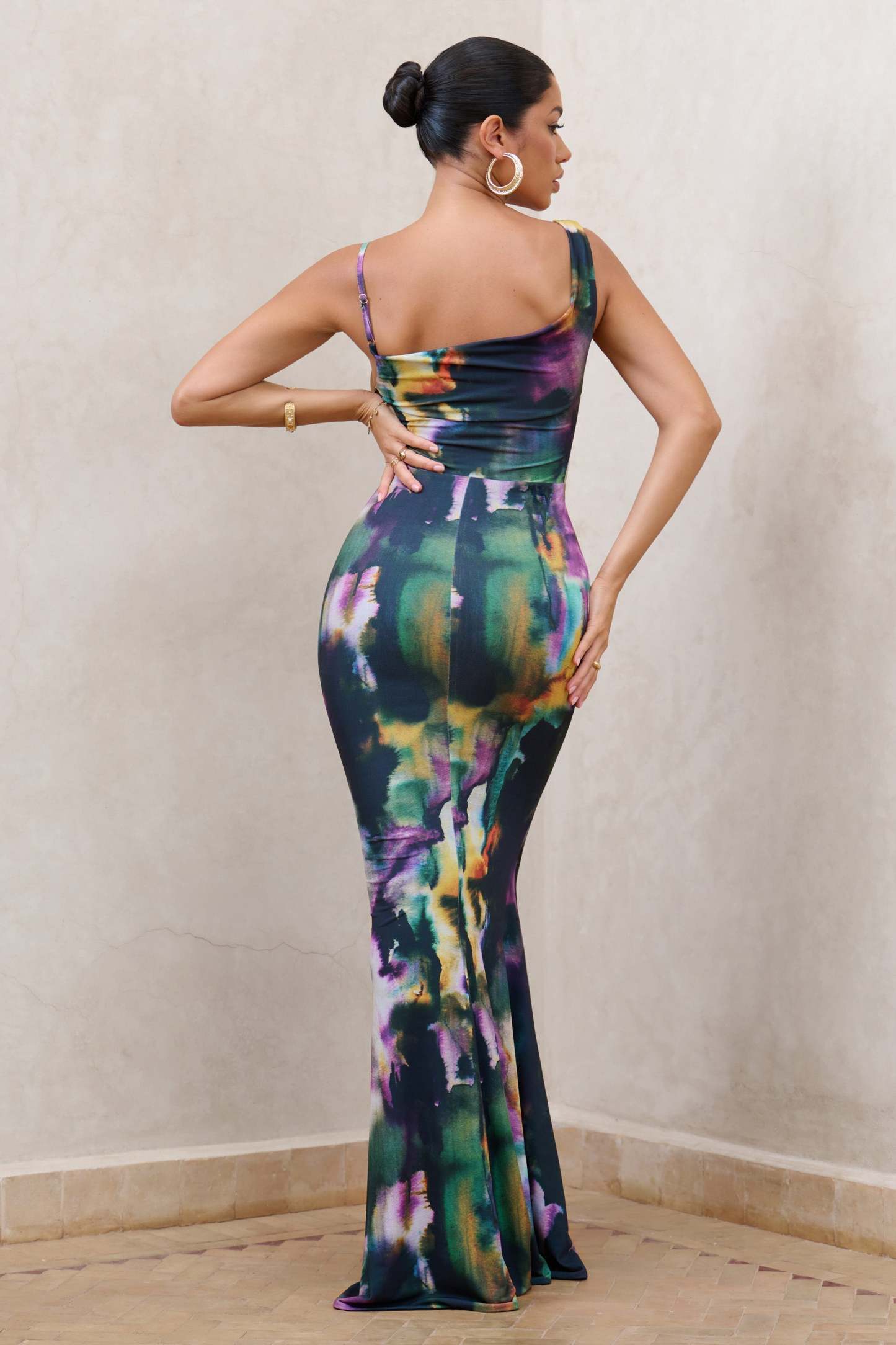 Phantasy Watercolour Print Asymmetric Neckline Cowl Maxi Dress-Fashionmomo.All Rights Reserved