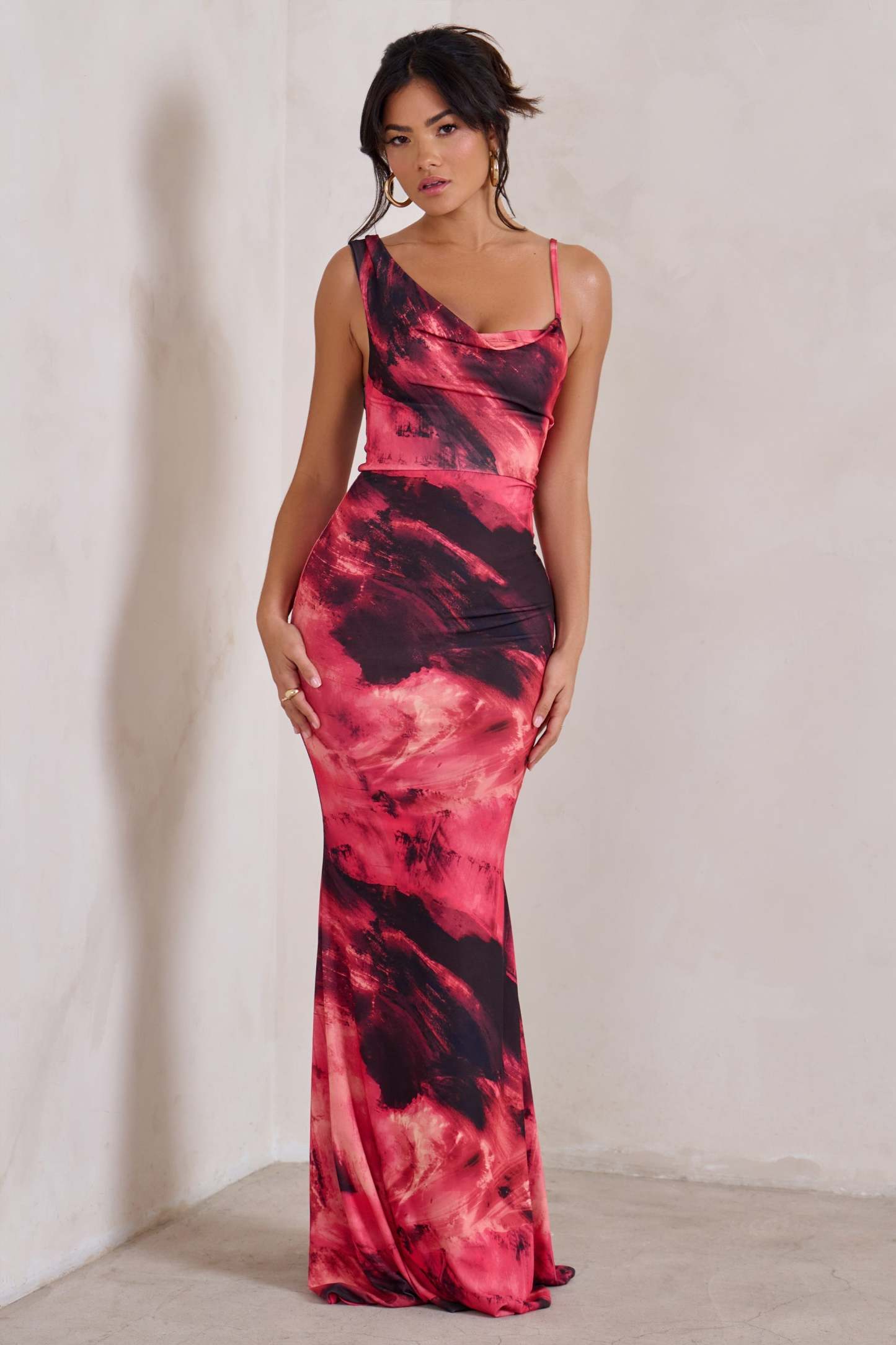 Phantasy Pink Print Cowl Neck Maxi Dress-Fashionmomo.All Rights Reserved