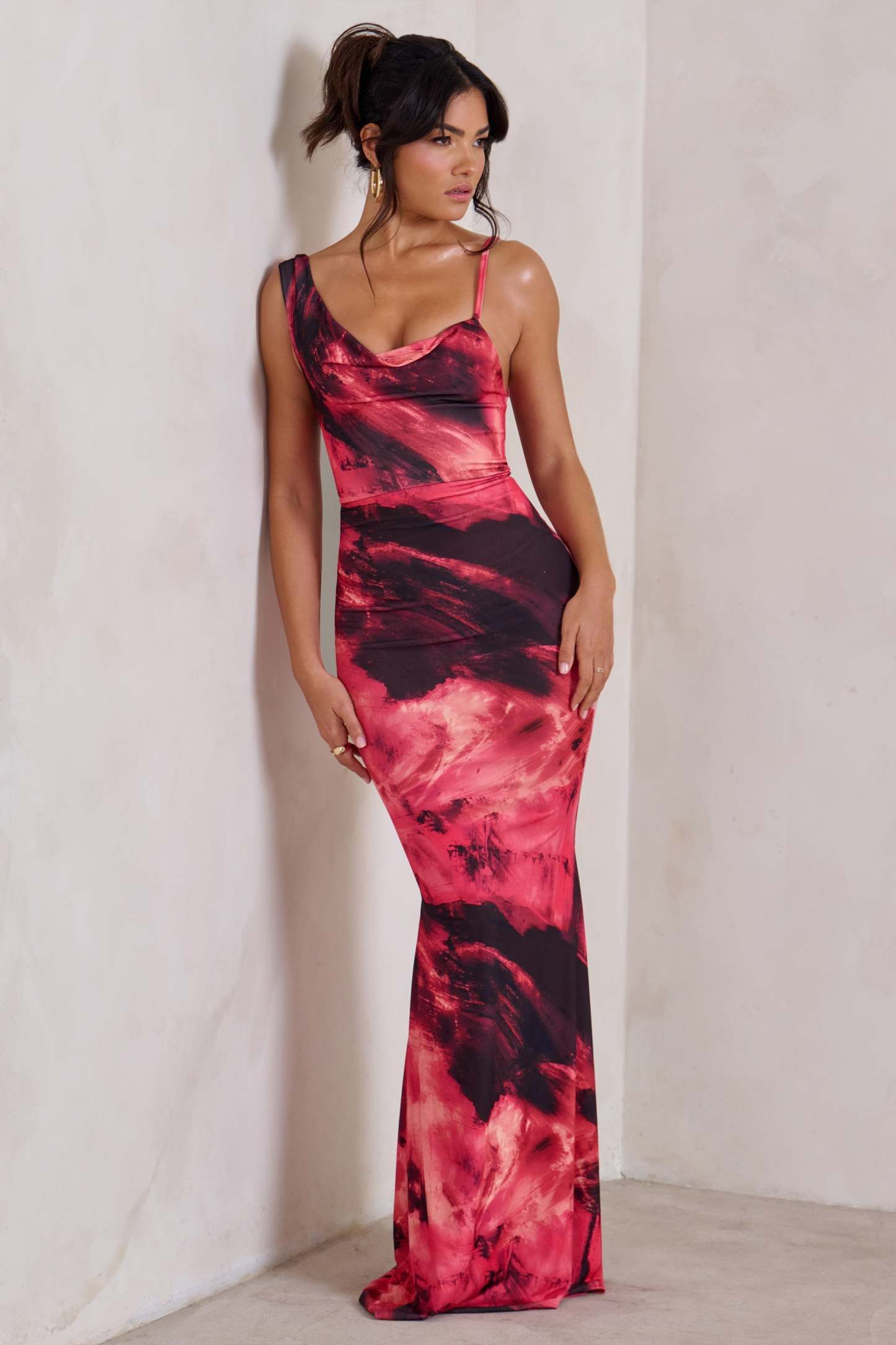 Phantasy Pink Print Cowl Neck Maxi Dress-Fashionmomo.All Rights Reserved