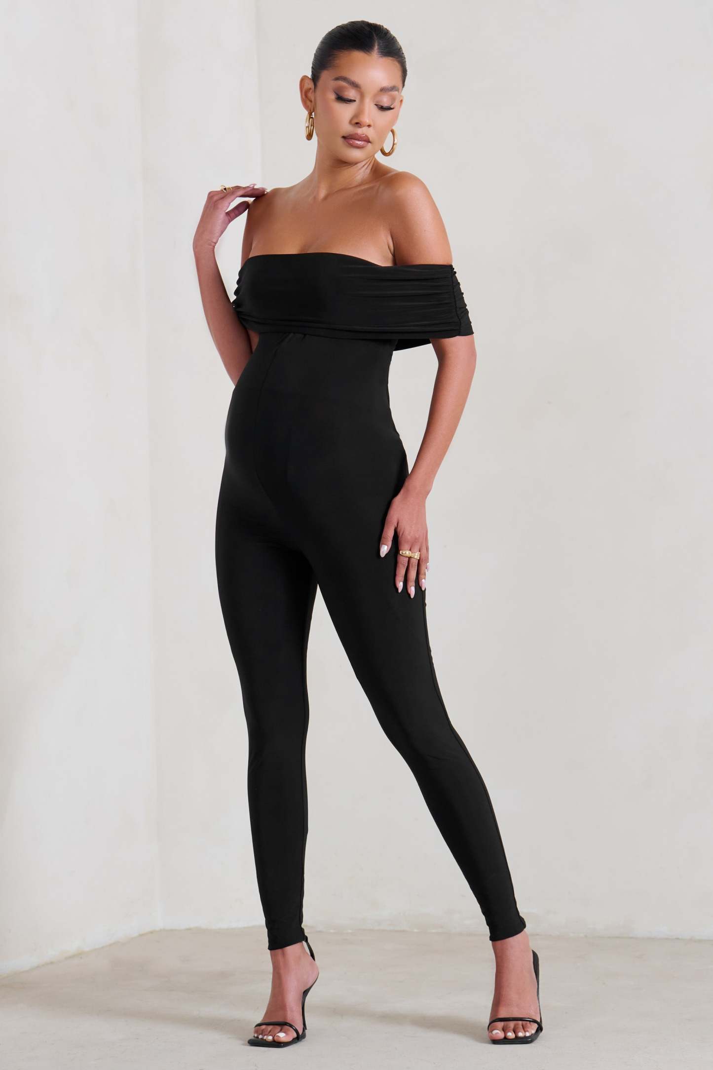 Carefully Crafted Black Maternity Bardot Fitted Jumpsuit-Fashionmomo.All Rights Reserved