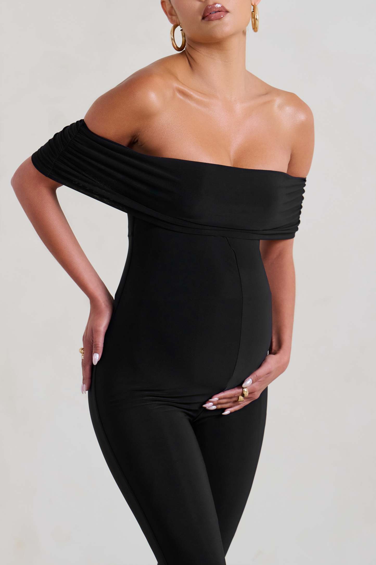 Carefully Crafted Black Maternity Bardot Fitted Jumpsuit-Fashionmomo.All Rights Reserved